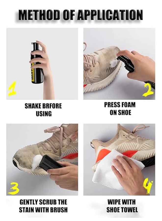مجموعة منظف الأحذية، مجموعة منظف الأحذية للسكّار، منظف الأحذية الخالي من الماء مع فرشاة الأحذية ومنشفة ملابس الألياف الدقيقة، 3 في 1 يزيل رذاذ مزيل البقع الأوساخ والقاذورات والأعشاب - Image 5