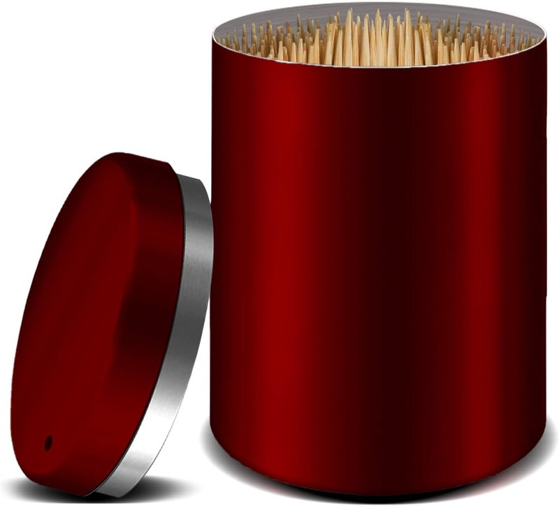 YIFOCUS Toothpick Holder, Stainless Steel Metal Wine Red Toothpicks Dispenser, Tooth Picks Lot Container Storage Novelty Box with 500 Pieces Round Bamboo Toothpicks for Teeth and Home Kitchen - Image 1