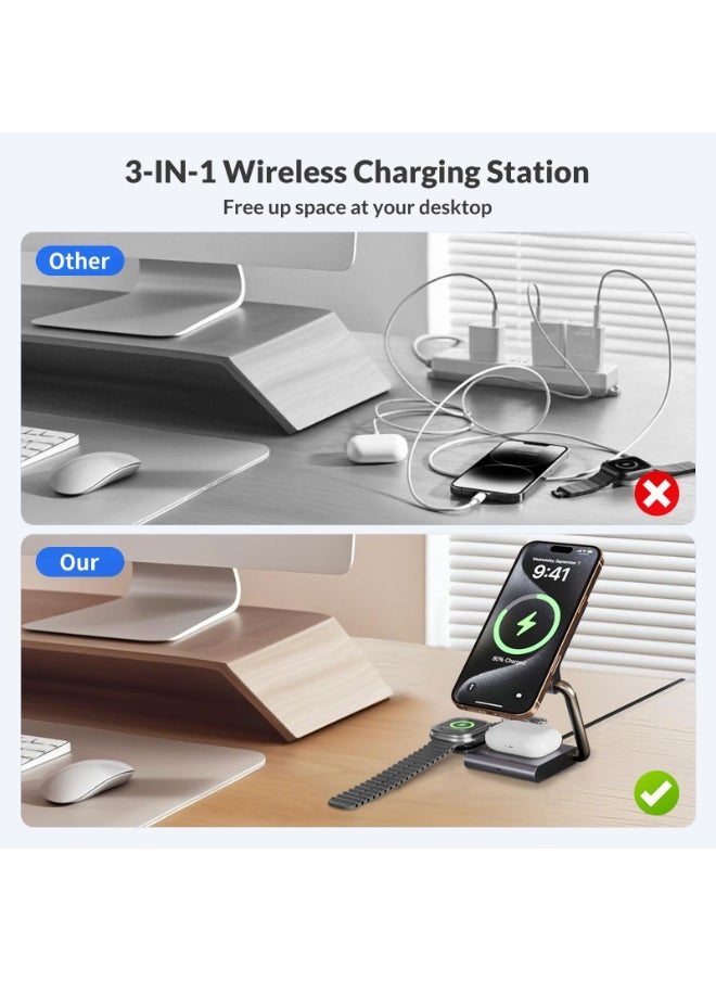 Generic - 3 in 1 Charging Station 15W Compatible with Magsafe Charger Wireless Charger Stand for iPhone 16 15 14 13 12 Series Wireless Charging Station for AirPods iWatch Series - Image 1