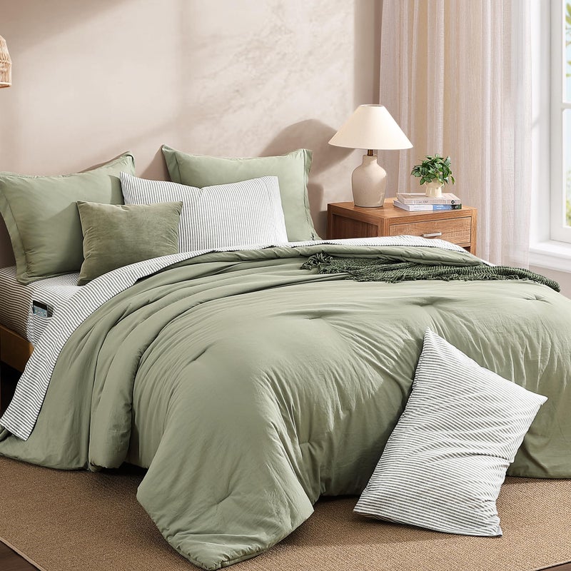 Monbix Queen Comforter Set - 7 Pieces Green Prewashed Bed in a Bag Queen Bedding Sets with Comforters, All Seasons Ultra Soft Comforter Bed Set with Sheets,Pillowcases & Shams - Image 3
