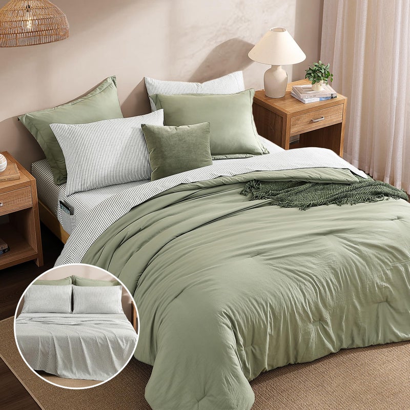 Monbix Queen Comforter Set - 7 Pieces Green Prewashed Bed in a Bag Queen Bedding Sets with Comforters, All Seasons Ultra Soft Comforter Bed Set with Sheets,Pillowcases & Shams - Image 4
