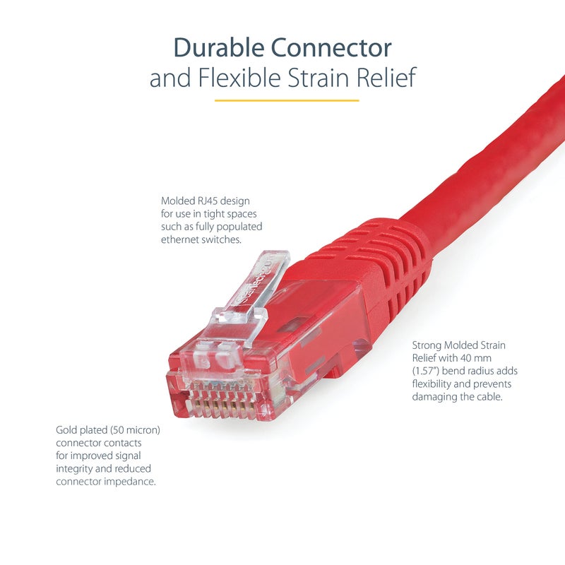 StarTech.com 25ft CAT6 Ethernet Cable - Red CAT 6 Gigabit Ethernet Wire -650MHz 100W PoE++ RJ45 UTP Molded Category 6 Network/Patch Cord w/Strain Relief/Fluke Tested UL/TIA Certified (C6PATCH25RD) - Image 3