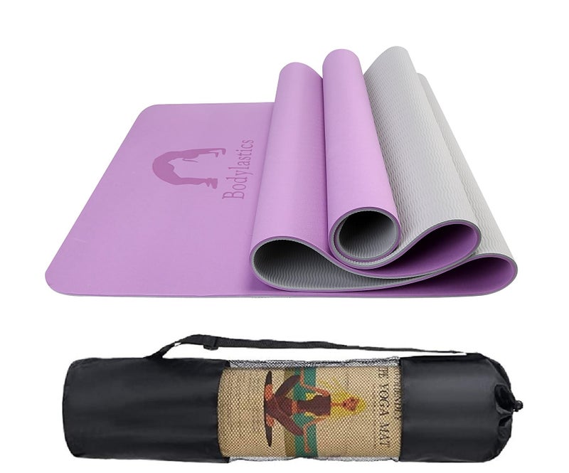 Bodylastics Yoga Mat for Men and Women with Carry Bag TPE 6ft x 2ft x 6mm Large Size Anti Slip & Anti Tear Workout Mat (Pink/Grey) - Image 1