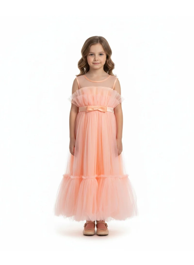 D'Daniela Tulle Dress with Belt and Small Bow Pink Colour