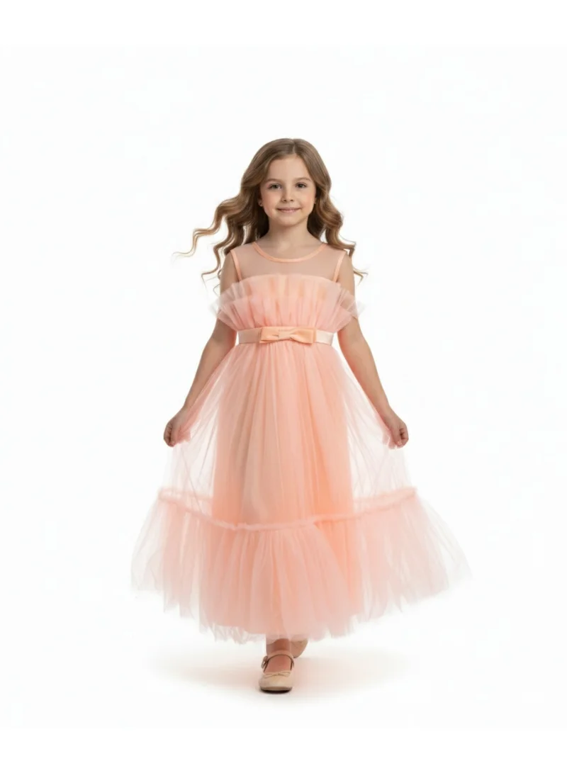D'Daniela Tulle Dress with Belt and Small Bow Pink Colour
