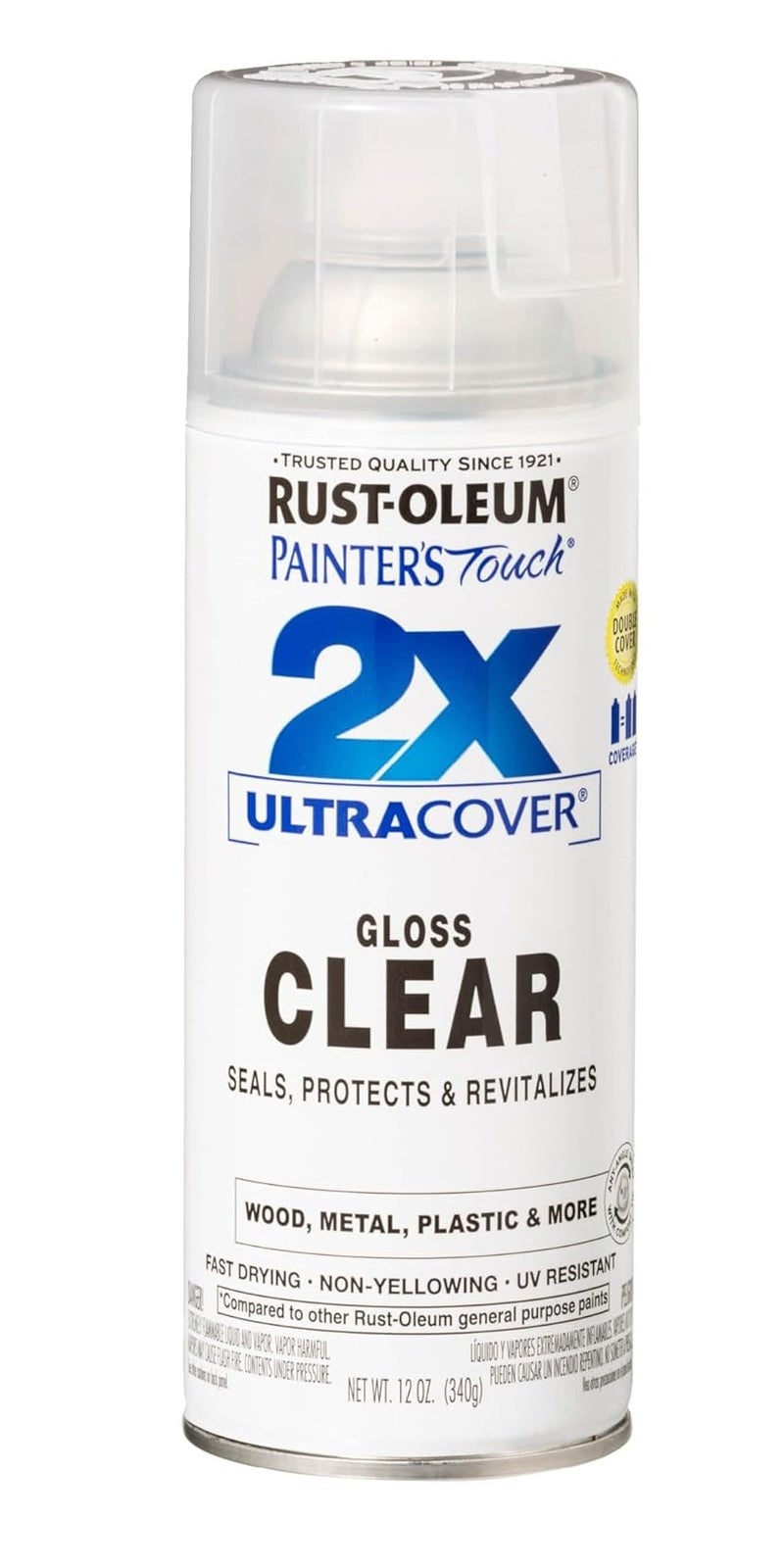 Rust-Oleum Painter’s Touch 2X Ultra Cover Gloss Clear Protective Spray, 12 oz / 340 g, Non-Yellowing UV-Resistant Indoor & Outdoor Clear Coat for Wood, Metal and Plastic - Image 1