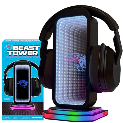 Feastables Beast Tower MrBeast Gaming Headphone Stand | RGB Light Display with Infinity Mirror Effect and Logo | Universal Headset Holder; USB Powered Desk Computer Accessory for Gamers and Streamers - Image 1