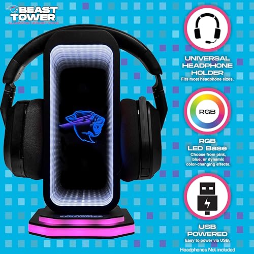 Feastables Beast Tower MrBeast Gaming Headphone Stand | RGB Light Display with Infinity Mirror Effect and Logo | Universal Headset Holder; USB Powered Desk Computer Accessory for Gamers and Streamers - Image 3