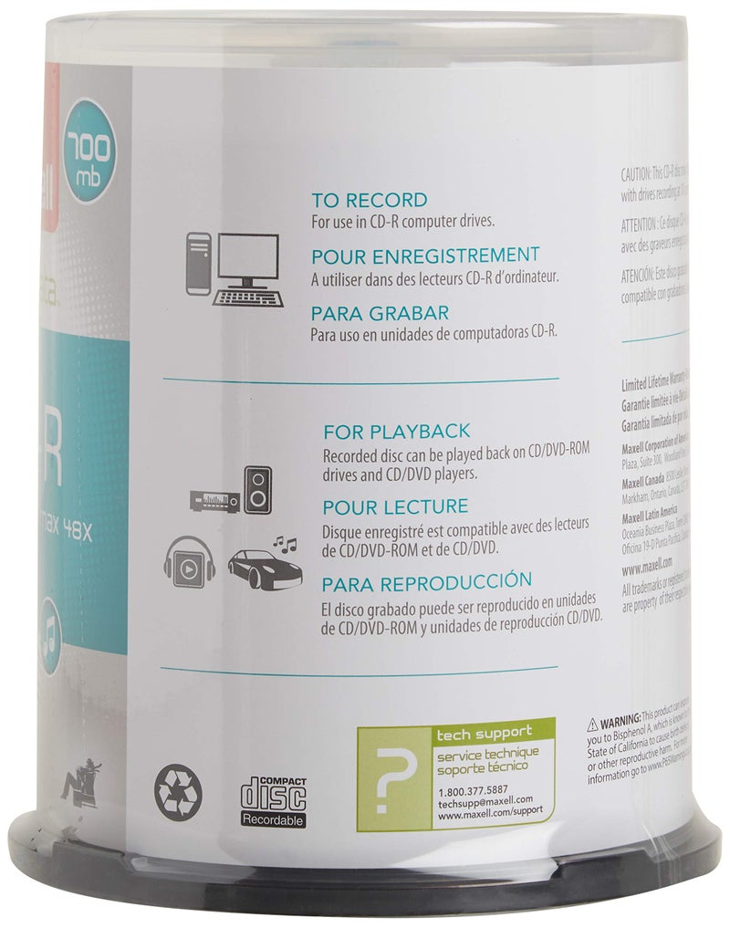 Maxell ماكسيل – 648200، أقراص مضغوطة قابلة للتسجيل بجودة عالية وخالية من الضوضاء بسعة 700 ميجابايت – سرعة كتابة من 2x إلى 48x، 80 دقيقة - أقراص فارغة، تخزين الأقراص المضغوطة وحامل علبة قابلة لإعادة الاستخدام – 100 حزمة - Image 3