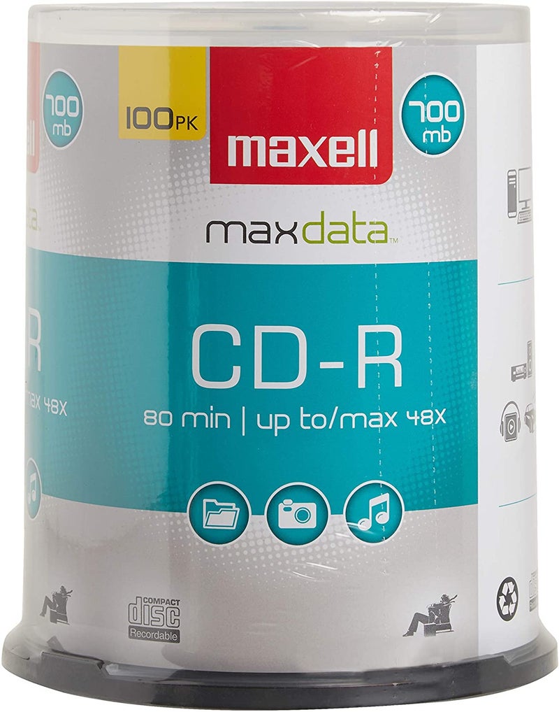Maxell ماكسيل – 648200، أقراص مضغوطة قابلة للتسجيل بجودة عالية وخالية من الضوضاء بسعة 700 ميجابايت – سرعة كتابة من 2x إلى 48x، 80 دقيقة - أقراص فارغة، تخزين الأقراص المضغوطة وحامل علبة قابلة لإعادة الاستخدام – 100 حزمة - Image 1