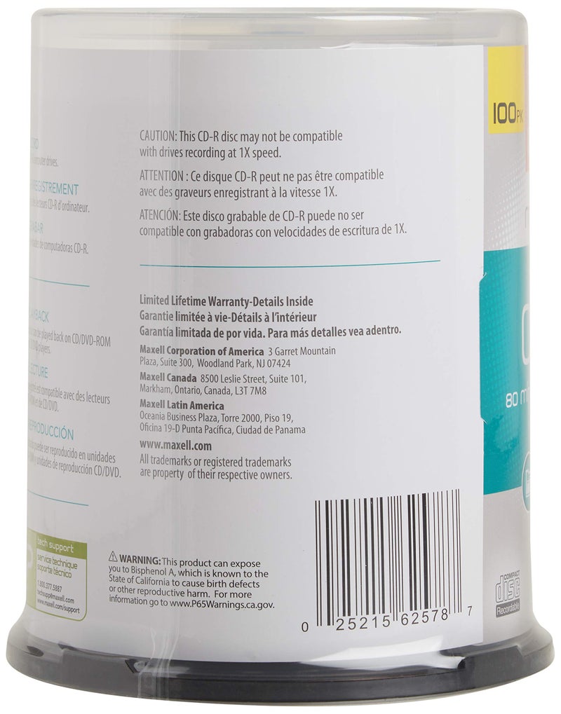 Maxell ماكسيل – 648200، أقراص مضغوطة قابلة للتسجيل بجودة عالية وخالية من الضوضاء بسعة 700 ميجابايت – سرعة كتابة من 2x إلى 48x، 80 دقيقة - أقراص فارغة، تخزين الأقراص المضغوطة وحامل علبة قابلة لإعادة الاستخدام – 100 حزمة - Image 4