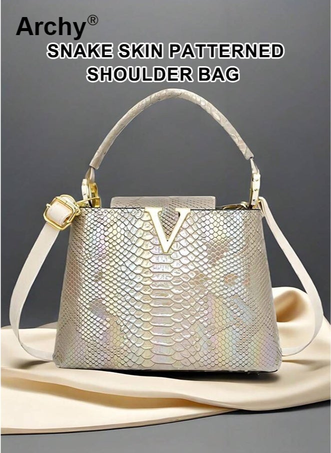 Archy Women's Trendy Snake Skin Patchwork Shoulder Bag - Korean Style Elegant Crossbody | Large Capacity, Shiny PU Leather, Gold Hardware | Detachable Strap, Multifunctional Design - Image 1