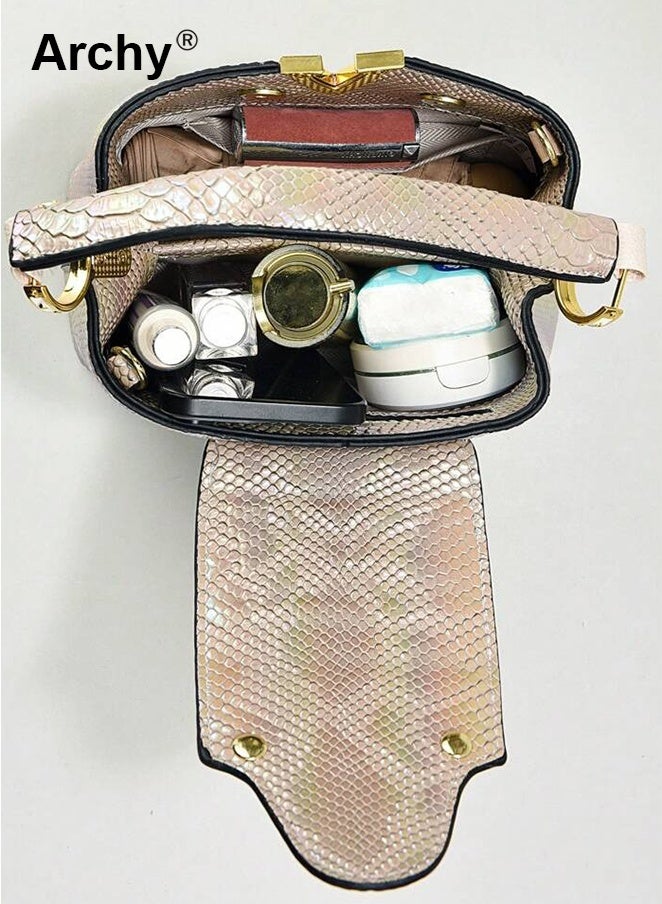 Archy Women's Trendy Snake Skin Patchwork Shoulder Bag - Korean Style Elegant Crossbody | Large Capacity, Shiny PU Leather, Gold Hardware | Detachable Strap, Multifunctional Design - Image 4
