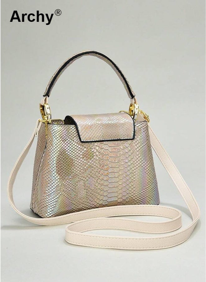Archy Women's Trendy Snake Skin Patchwork Shoulder Bag - Korean Style Elegant Crossbody | Large Capacity, Shiny PU Leather, Gold Hardware | Detachable Strap, Multifunctional Design - Image 3