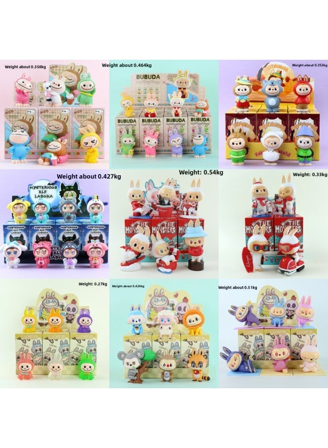Loquat Labubu Labubu Doll Hand-made Blind Box Cartoon Internet Red Gashapon Doll Desktop Collection Ornaments Wholesale-Color:Flocking Brush Cloth Bu6-piece Set (blind Box) - Image 2