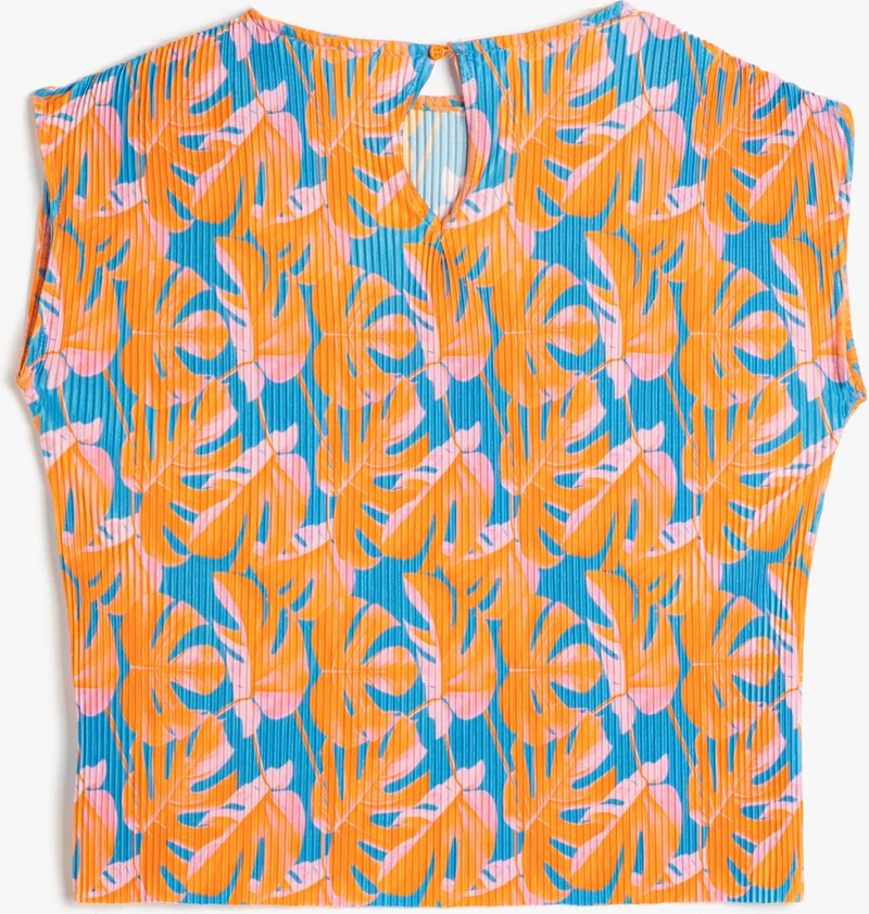 KOTON Pleated T-Shirt Floral Patterned Short Sleeve Crew Neck