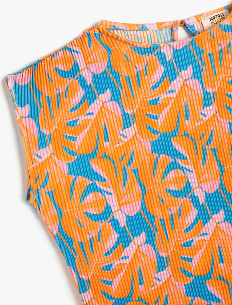 KOTON Pleated T-Shirt Floral Patterned Short Sleeve Crew Neck