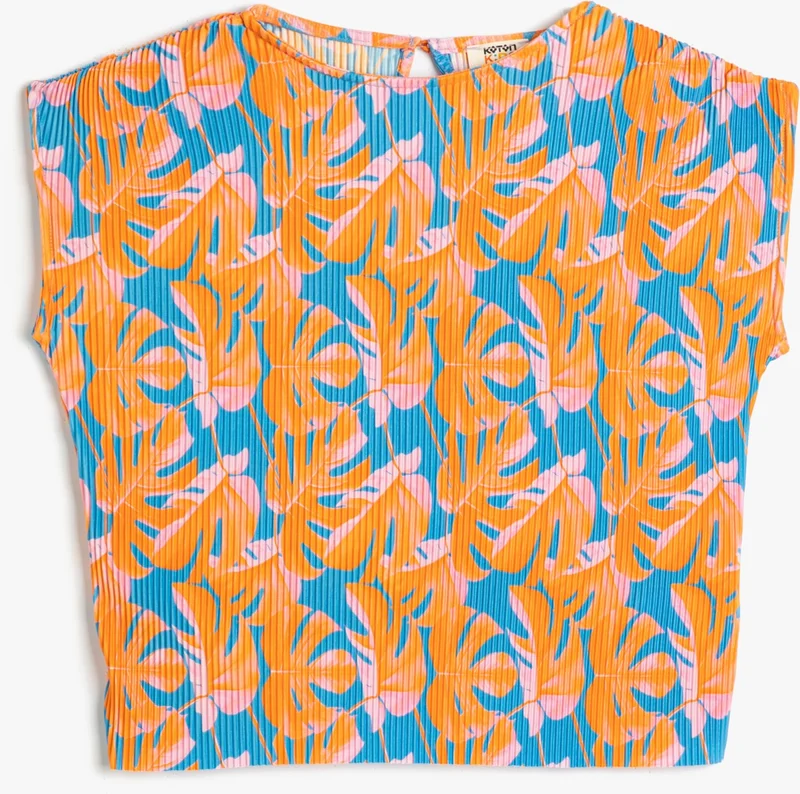 KOTON Pleated T-Shirt Floral Patterned Short Sleeve Crew Neck