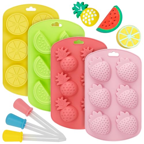 Zasukol 4PCS Fruit Shape Silicone Mold with 3Pcs Dropper, Pineapple Lemon Watermelon Strawberry Baking Tray, 3D Fruit Snack Molds for DIY Chocolate Candy Gummy Fondant Ice Cube Cake Candle Decoration - Image 1