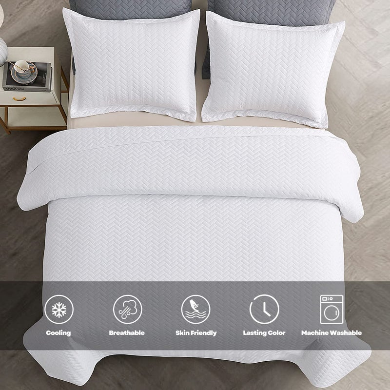 Maple&Stone White Quilt Set Queen Size, Lightweight Bedspread Ultrasonic Chevron Pattern Light Coverlet for All Season Comforter Bedding Decor - 3 Piece Full Bed Cover Sets - Image 2
