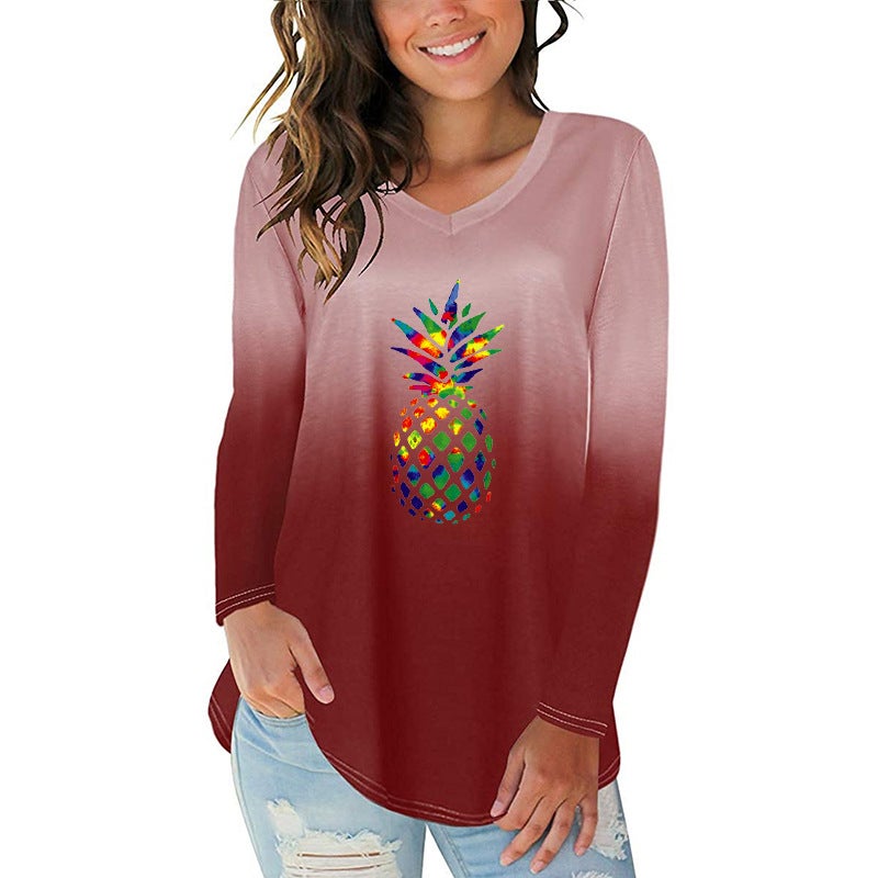 2020 New Gradient Color Pineapple Print Irregular Hem Women'S V-Neck Long Sleeve T-Shirt - Image 4