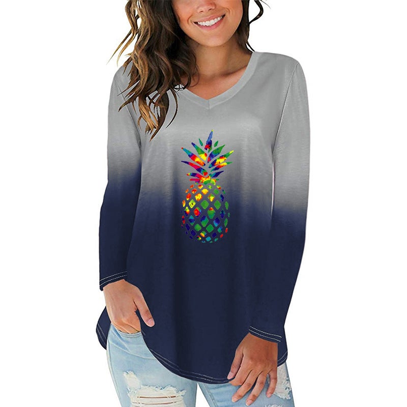 2020 New Gradient Color Pineapple Print Irregular Hem Women'S V-Neck Long Sleeve T-Shirt - Image 5