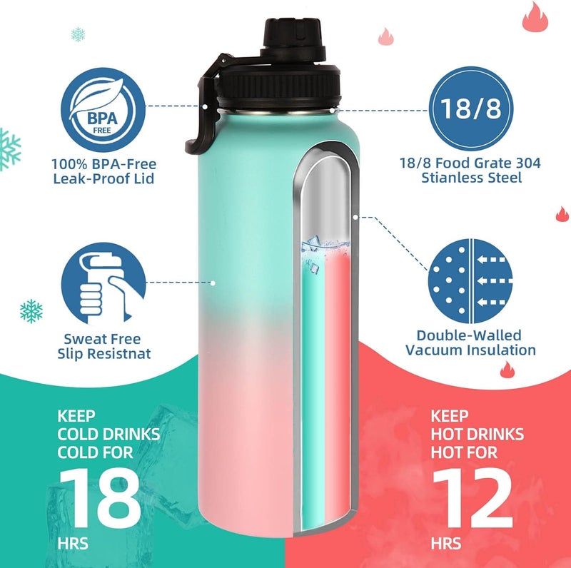 Volhoply 40 oz Insulated Water Bottles Paracord Handle, Stainless Steel Bottle with Spout Lid, Double Walled Travel Water Cups with Wide Mouth, Reusable Water jug for Adults (Green Pink, 1 Set) - Image 1