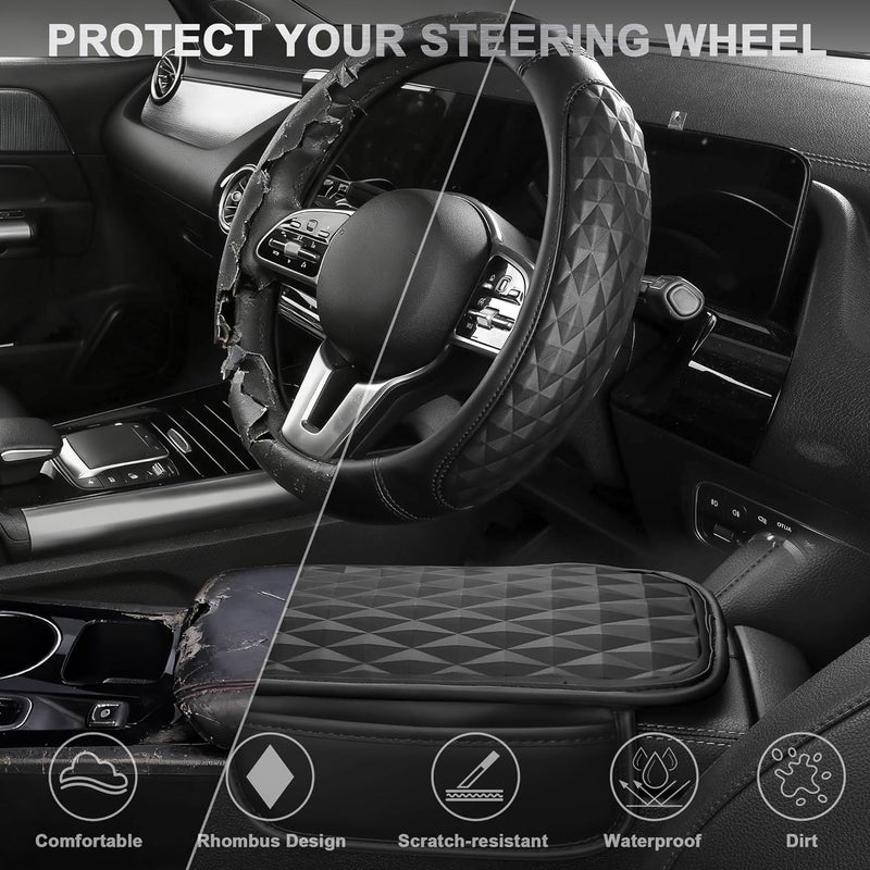 CAR PASS مجموعة إكسسوارات سيارة 3D من الجلد على شكل مستطيل، وسادة مريحة لمسند الذراع في وسط لوحة التحكم مع أكياس تخزين، 2 قاعدة كوب غير زلقة، مجموعات لديكورات داخلية للسيارة بقياس 14.5-15 بوصة، 4 قطع باللون الأسود الكامل. - Image 5