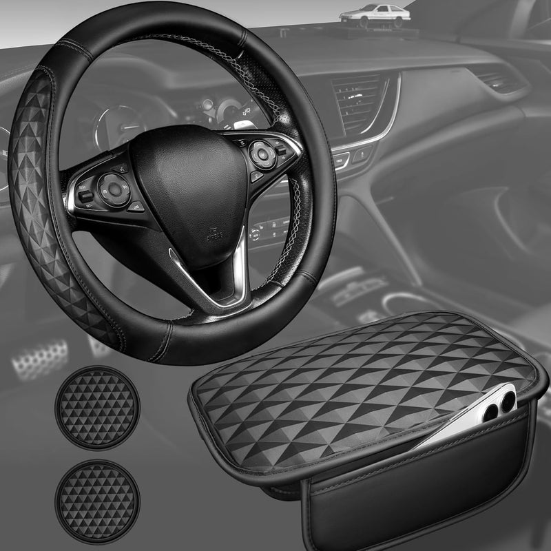 CAR PASS مجموعة إكسسوارات سيارة 3D من الجلد على شكل مستطيل، وسادة مريحة لمسند الذراع في وسط لوحة التحكم مع أكياس تخزين، 2 قاعدة كوب غير زلقة، مجموعات لديكورات داخلية للسيارة بقياس 14.5-15 بوصة، 4 قطع باللون الأسود الكامل. - Image 1