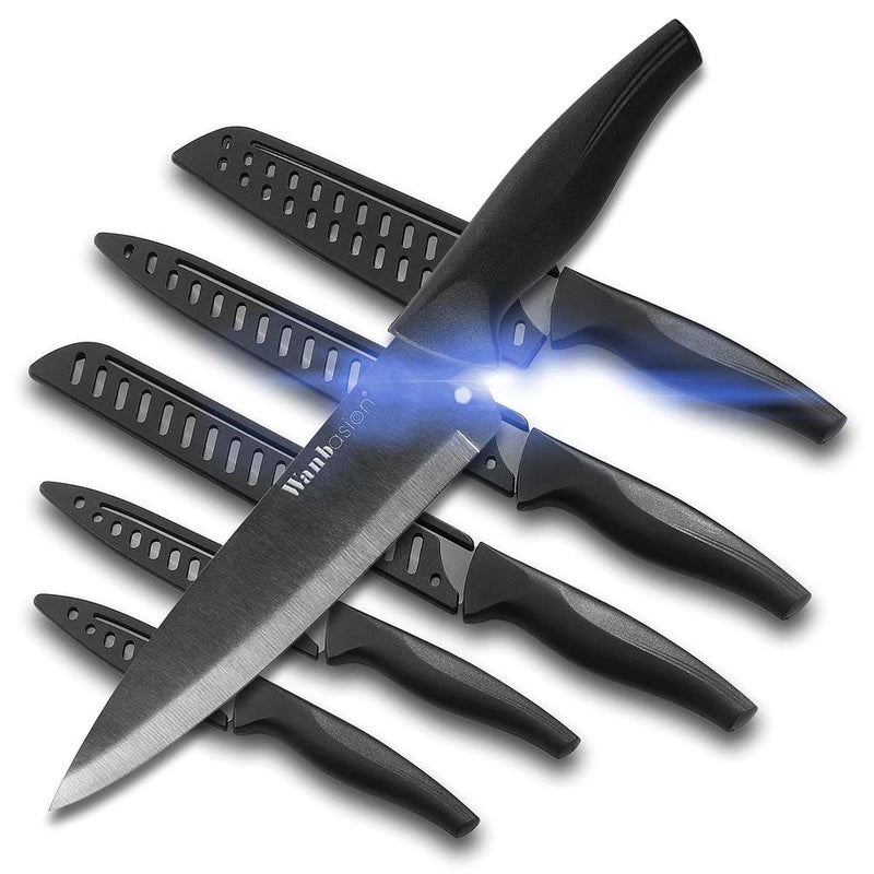 Wanbasion Black Stainless Steel Knife Set Sharp Kitchen Knife Set Professional Kitchen Knife Set Dishwasher Safe with Covers for Cooking