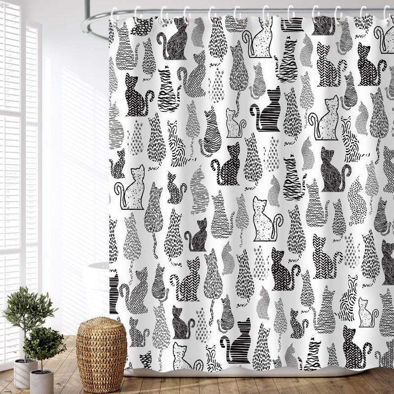 LIVILAN Cat Shower Curtain for Bathroom Cute Shower Curtain with 12 Hooks Kitten Animal Decorative Black and White Fabric Bath Curtain Gift for Cat Lovers Kids and Girls Machine Washable 72W X 72H
