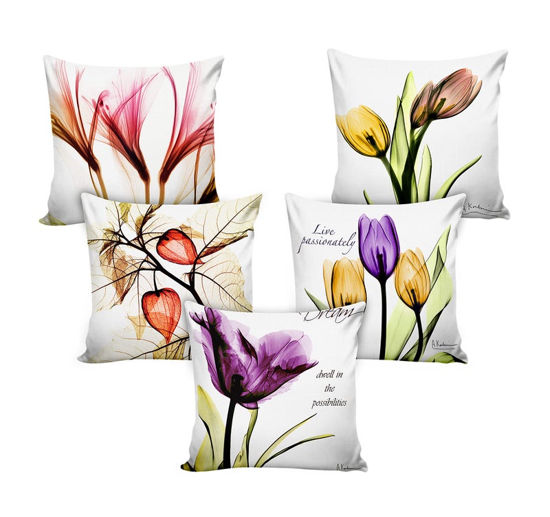Ultimate Trends Premium Polyester Digital Modern Printed Cushion Cover for Living Room Couch Bed Single Sofa Set of 5 (16 X 16 Inches, Floral White), 200 TC - Image 2