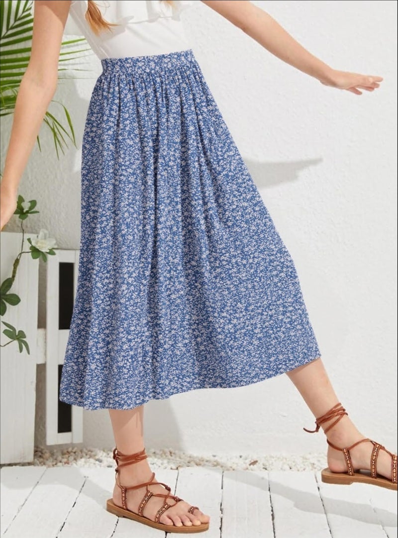 Seechoslo New 6-14 Years Girls Floral Maxi Skirt Boho Flowy A-Line Summer Midi Skirt with Elastic Waist (US, Age, 11 Years, 12 Years, Blue) - Image 2