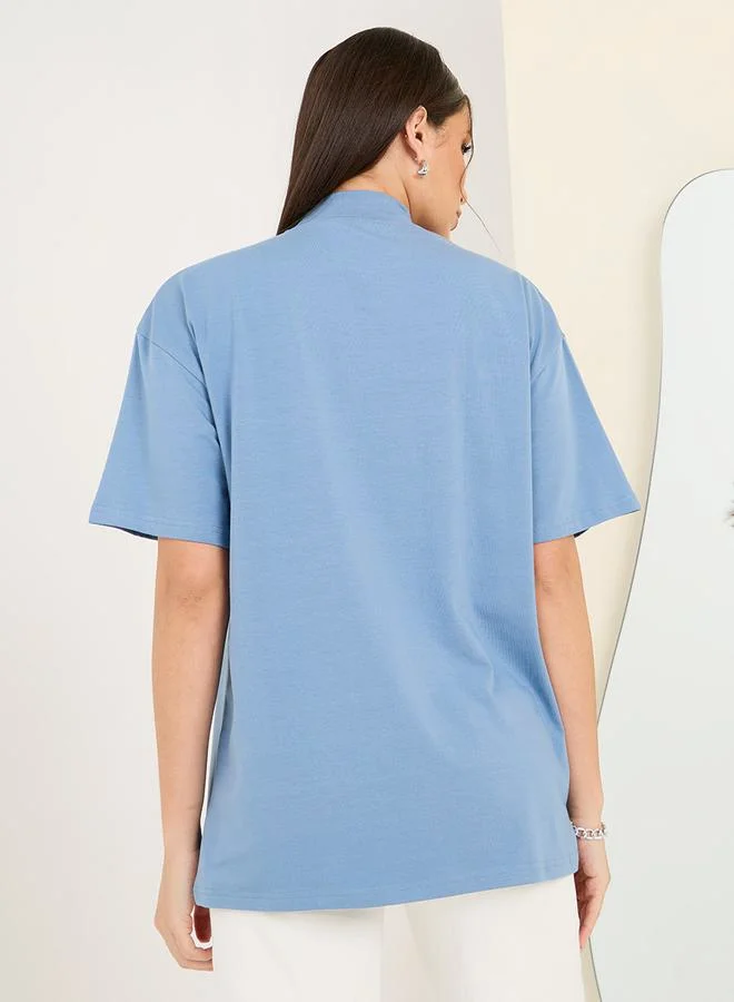 Styli Oversized Embroidered Slogan Longline T-Shirt