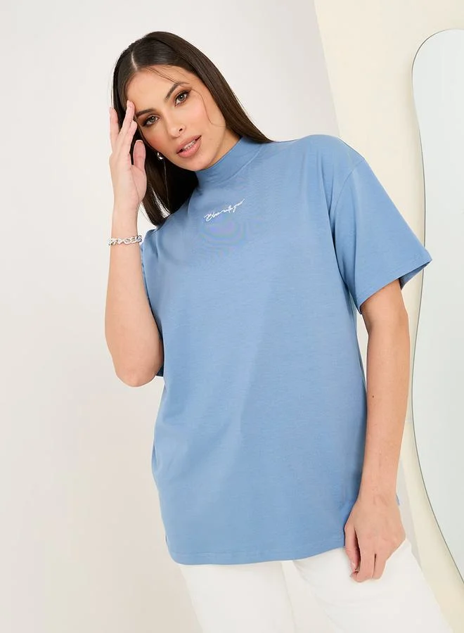 Styli Oversized Embroidered Slogan Longline T-Shirt