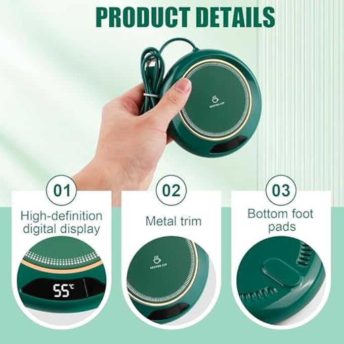 BIGTHREE Usb Coffee Mug Warmer 3Temperature Smart Touch Cup Warmer 5575 With 8H Auto Shut Off 20W Electric Beverage Warmer For Desk Tea Milk Office  Home Use Green - Image 3