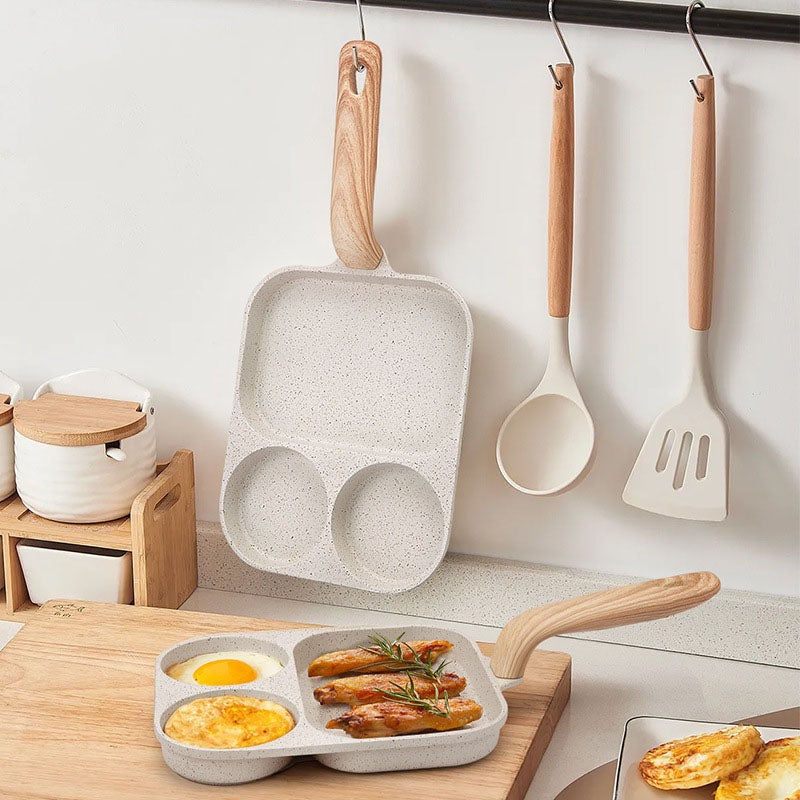 3 in 1 Nonstick Egg Steak Frying Pan ,3 Section Aluminium Alloy Fried Egg Cooker With Wood Handle Suitable for Cooking Ham Omelet Egg Muffins Bacon - Image 3