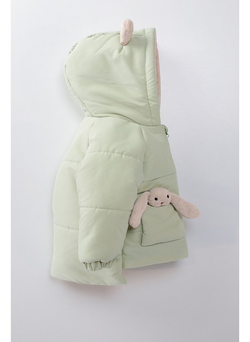 Podium Giyim - Podium Clothing Special Design Trend Cute Baby Toy Rabbit Furry Soft Fabric Pocket Hooded Winter Coat - Image 1