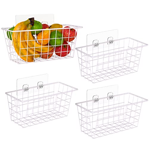 Deertaip Adhesive Basket Wall Wire Basket Over the Cabinet Door Organizer No Drilling Mounted 4 Pack, White - Image 1
