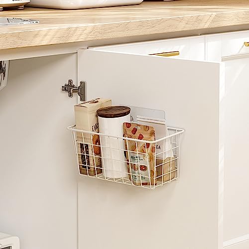 Deertaip Adhesive Basket Wall Wire Basket Over the Cabinet Door Organizer No Drilling Mounted 4 Pack, White - Image 3