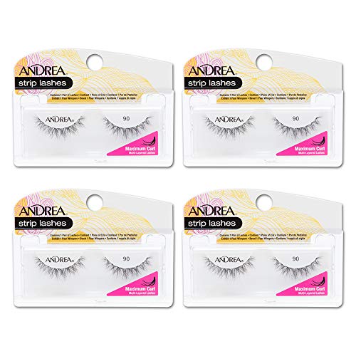 Andrea Curl Natural False Lashes Style 90  Black Lightweight Natural Strip Lashes for Voluminous Curl 4 Pack