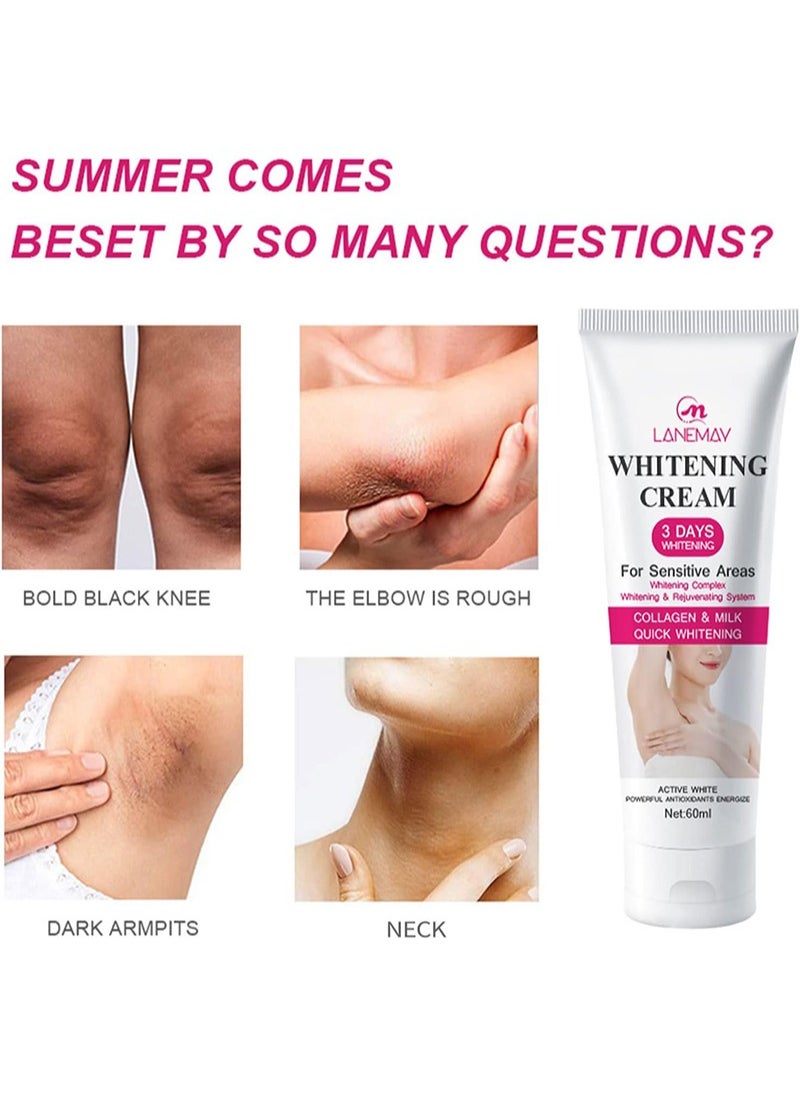 Whitening Cream with Collagen Milk，Brightening Skin Cream，Armpit/Private Parts Whitening Cream，Whitening Complex，For Sensitive Areas，Body Dark，Bikini ，Underarm，Inner Thigh，3 Day Quick Whitening - 60ml