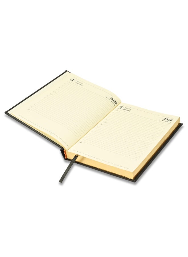 FIS 2026 Diary, Golden A5 Size Diary(148x210mm), Italian PU Materials, 1 Side Padded & Sewn Cover, Gilded Edges, English, 70gsm Italian Ivory Paper, Black Color-FSDI26EG26BK - Image 4