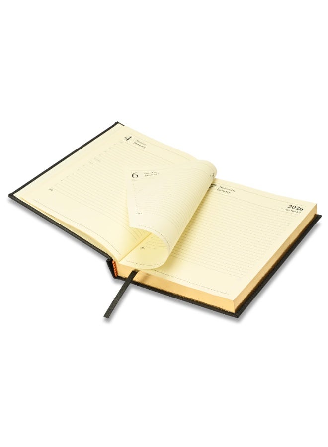 FIS 2026 Diary, Golden A5 Size Diary(148x210mm), Italian PU Materials, 1 Side Padded & Sewn Cover, Gilded Edges, English, 70gsm Italian Ivory Paper, Black Color-FSDI26EG26BK - Image 5
