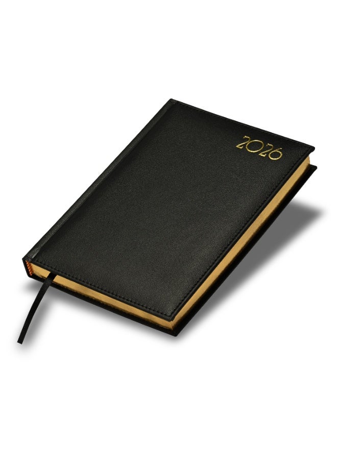 FIS 2026 Diary, Golden A5 Size Diary(148x210mm), Italian PU Materials, 1 Side Padded & Sewn Cover, Gilded Edges, English, 70gsm Italian Ivory Paper, Black Color-FSDI26EG26BK - Image 1