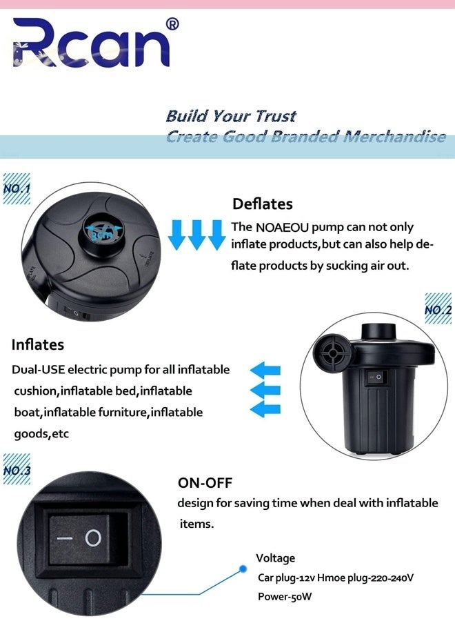 Rcan Electric Air Pump for Inflatables Air Mattress Pump Air Pump With 3 Air Nozzles Electric Air Mattress Portable Camping Pump 2 In 1 Quick Inflate Deflate Quick-Fill Portable Air Pump Perfect Inflator/Deflator Pumps for Outdoor Camping Inflatable Cushions Air Mattress Beds Boats - Image 3