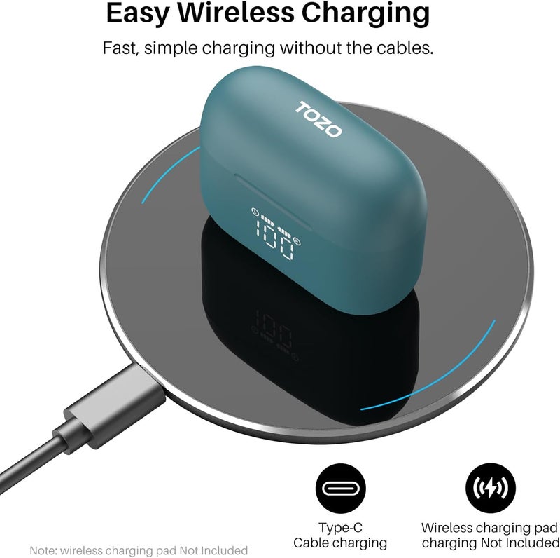 TOZO T20 Wireless Earbuds Bluetooth Headphones 48.5 Hrs Playtime with LED Digital Display, IPX8 Waterproof, Dual Mic Call Noise Cancelling 10mm Broad Range Speakers with Wireless Charging Case Green - Image 4