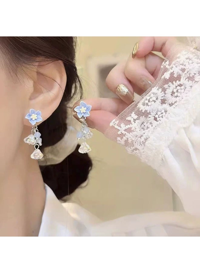 Goolsky Forest Blue Glazed Flower Crystal Tassel Earrings – Fairy Sweet Dangle Earrings for Women - Image 1