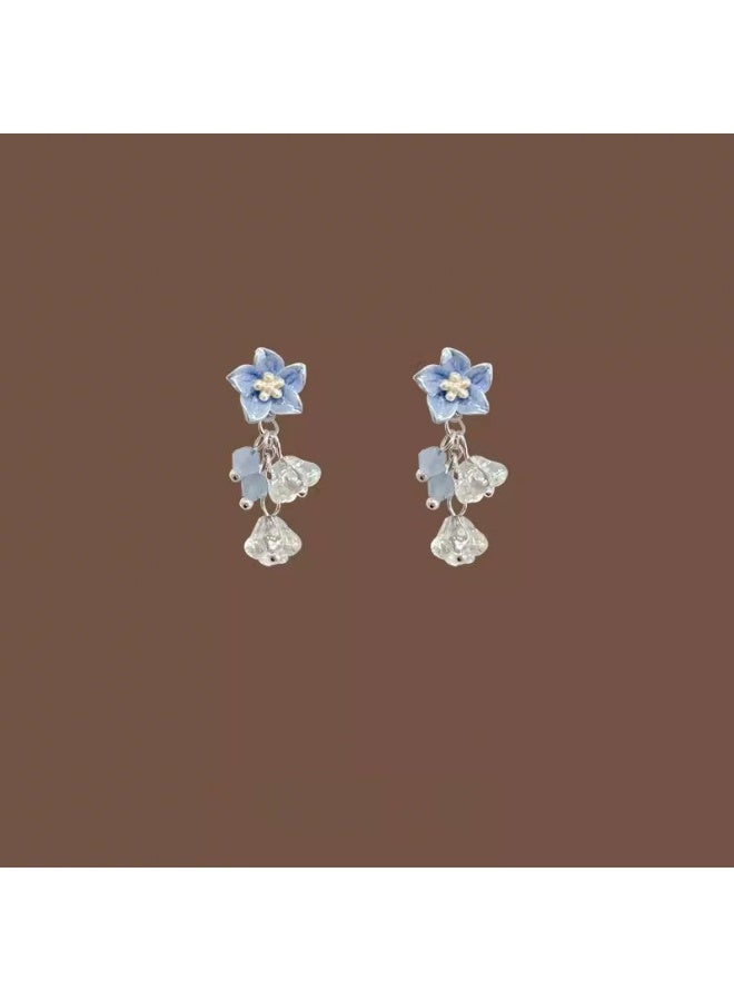 Goolsky Forest Blue Glazed Flower Crystal Tassel Earrings – Fairy Sweet Dangle Earrings for Women - Image 2