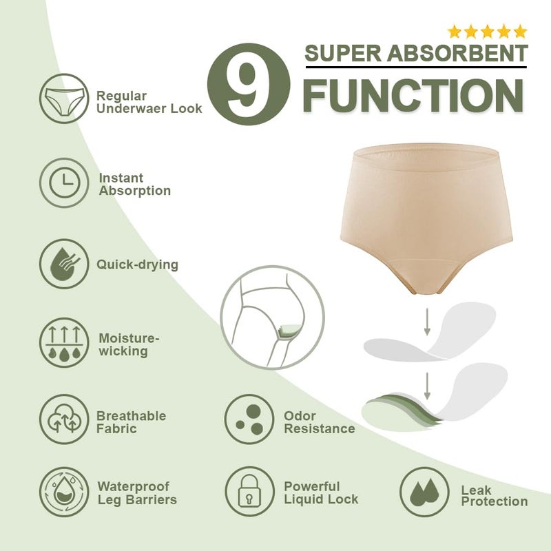BATTEWA Incontinence Underwear for Women,Leak Proof Underwear Washable Absorbency Cotton Panties Bladder Leakage Protective 50ML(Beige,Large,3-Pack) - Image 2